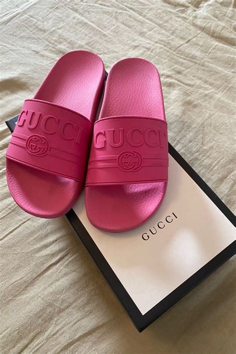 hot pink gucci slides|pink Gucci slides farfetch.